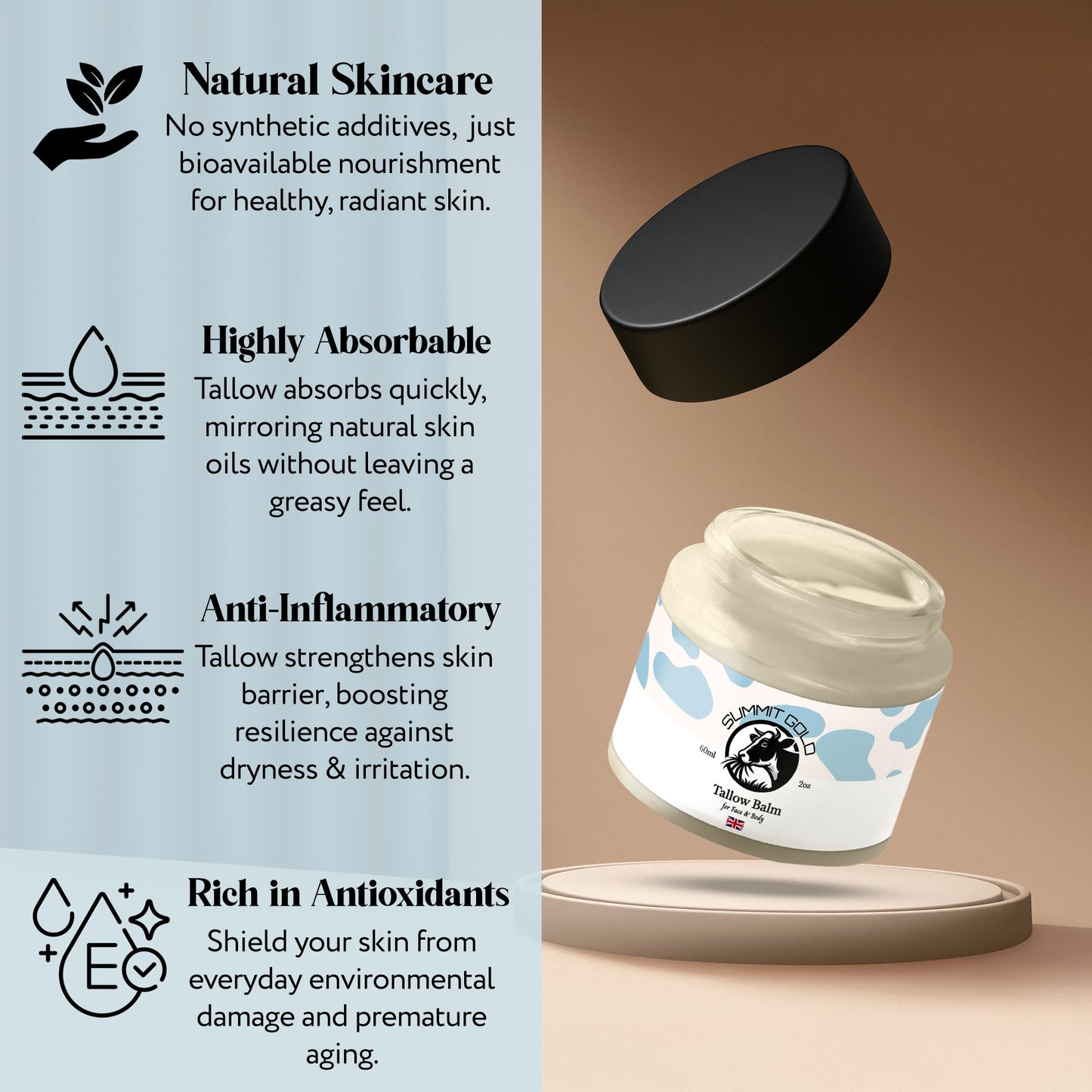 Grass-Fed Beef Tallow Balm Face Cream & Moisturiser with Jojoba Oil, Honey & Beeswax