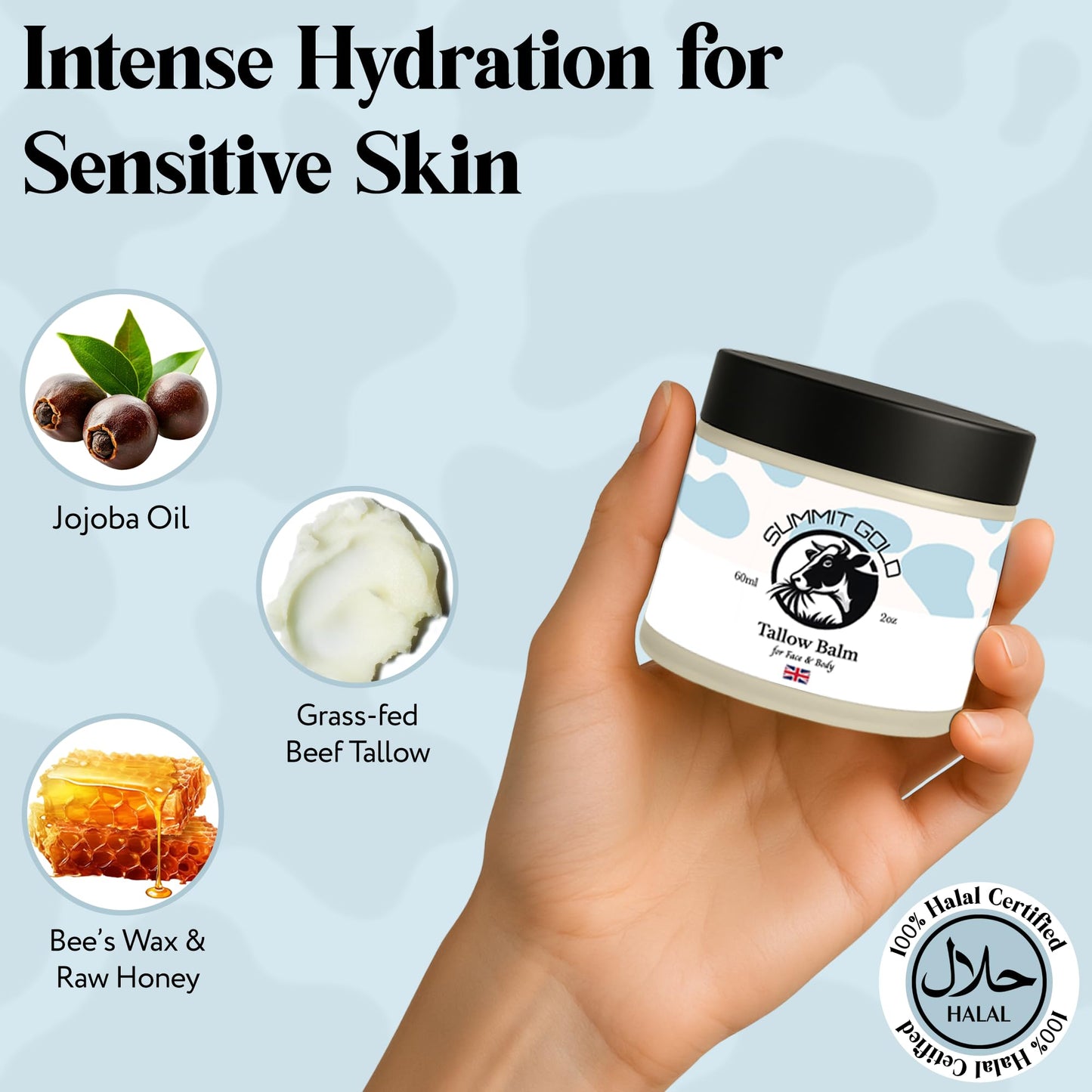 Grass-Fed Beef Tallow Balm Face Cream & Moisturiser with Jojoba Oil, Honey & Beeswax