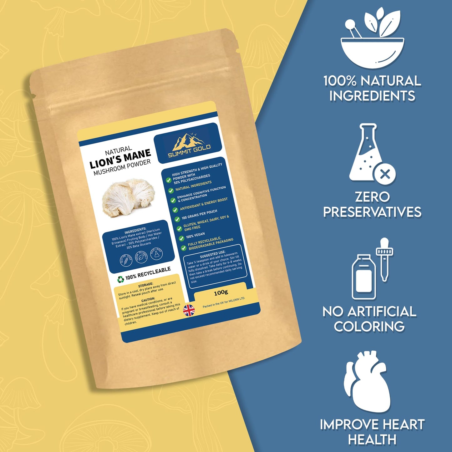 Lion's Mane Mushroom Powder Supplement - 50% Polysaccharides / 30% Beta Glucan