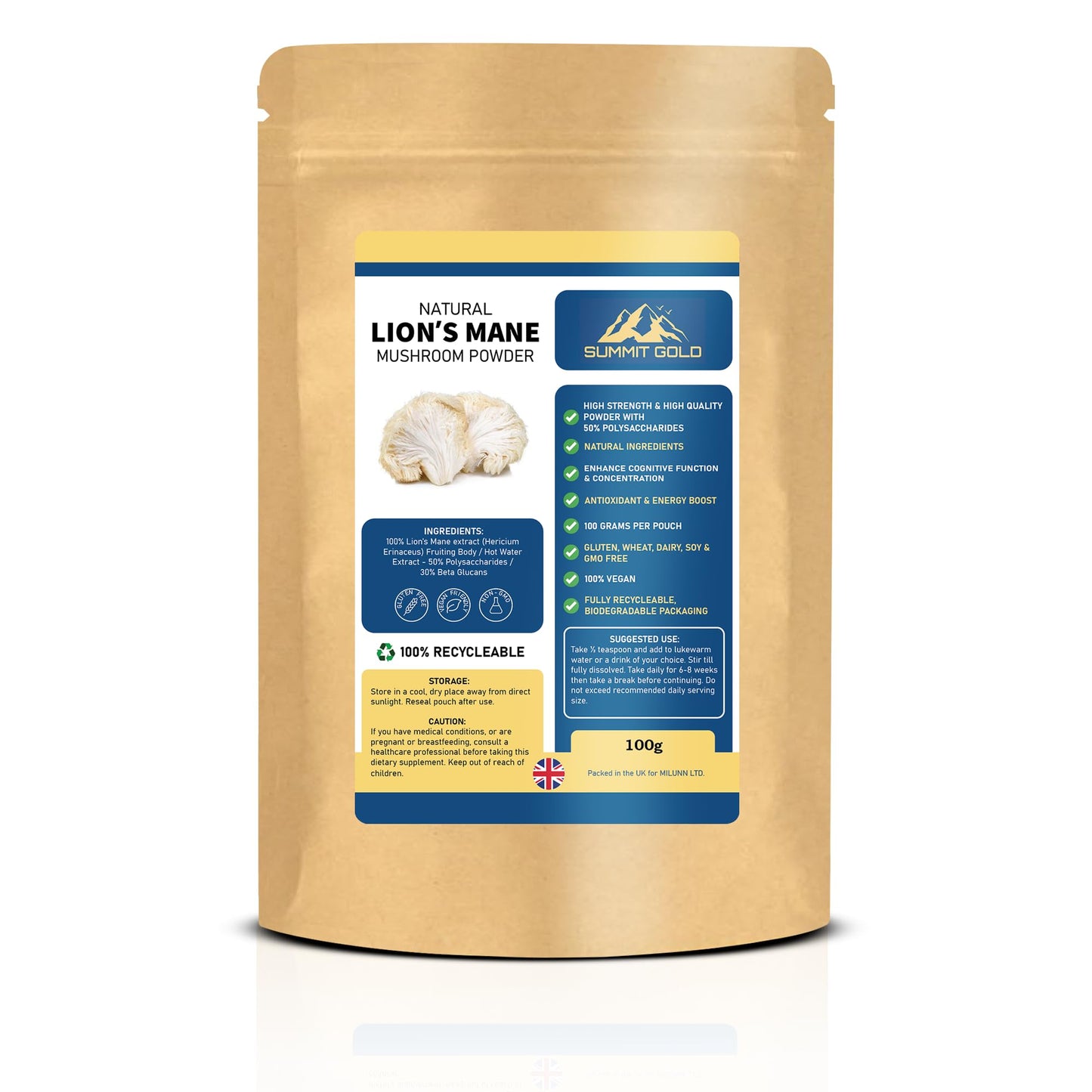 Lion's Mane Mushroom Powder Supplement - 50% Polysaccharides / 30% Beta Glucan